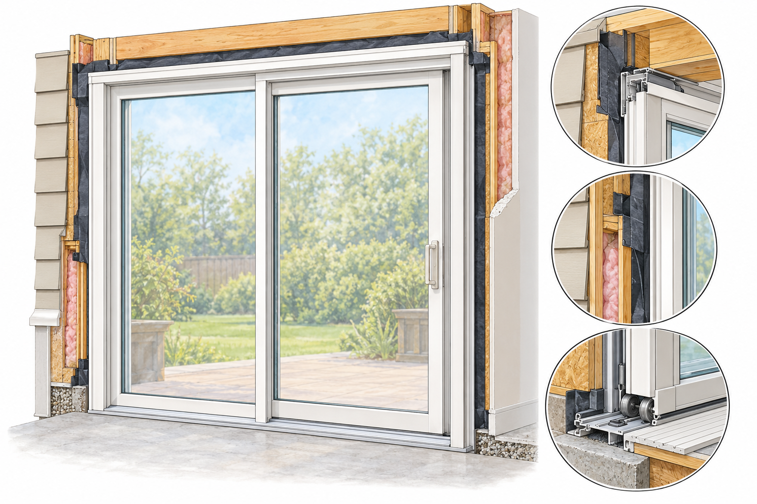 Illustration of a sliding patio-door system with fixed and moving panels, rollers, threshold, flashing, and surrounding opening.