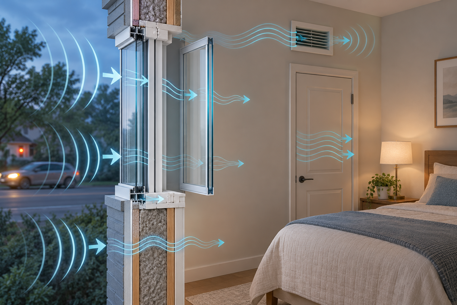 Sound paths through a window, its perimeter, wall, and vent are shown alongside an interior secondary glazing layer.