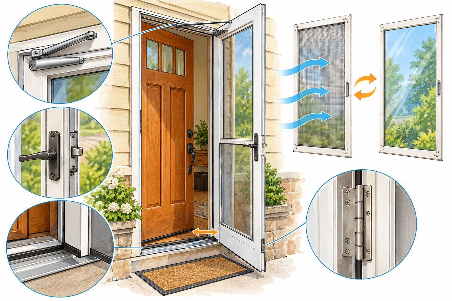 Illustration of a secondary storm or screen door outside the primary entry, with its glass or screen panel, closer, latch, and threshold.