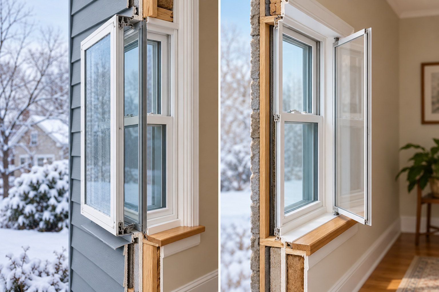 Cutaways compare an exterior storm window with a removable panel mounted on the room side of an existing window.