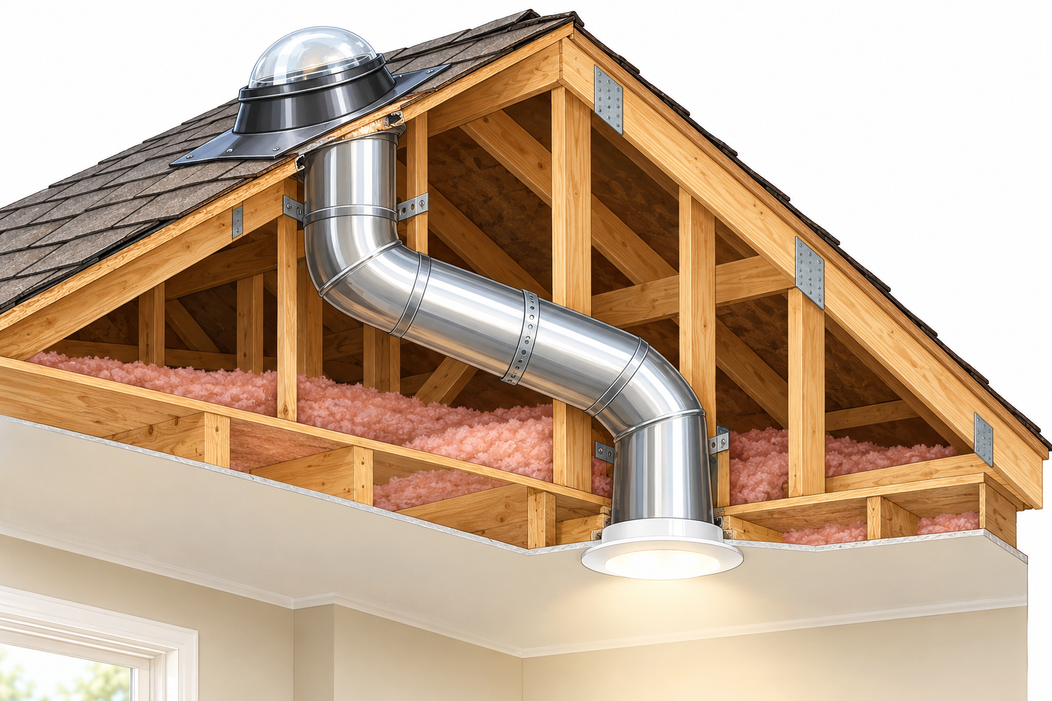 Cutaway illustration of a tubular daylighting device route from roof dome through the attic to a ceiling diffuser.