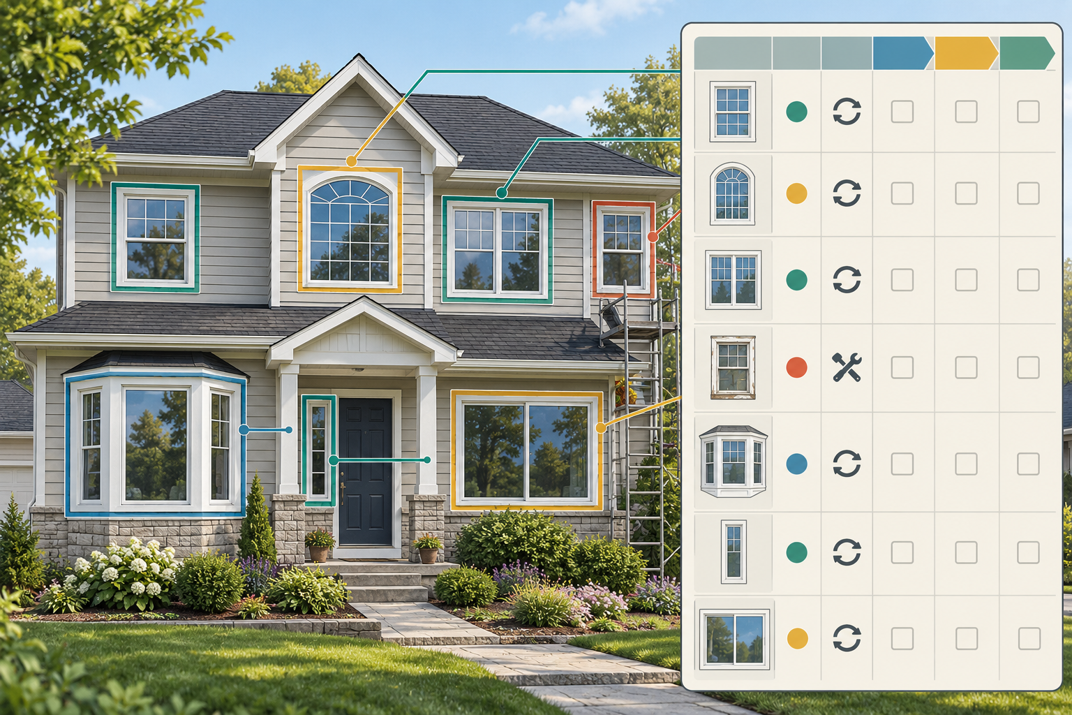 A house elevation and opening schedule illustrate how different window types and conditions create distinct replacement scopes.