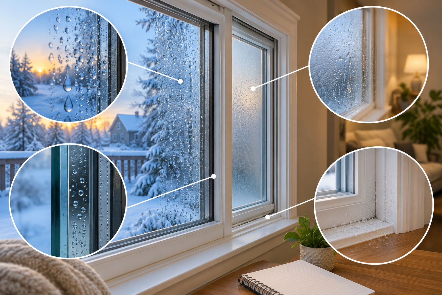 Magnified views identify possible moisture locations on glass, between panes, and along the frame and trim.
