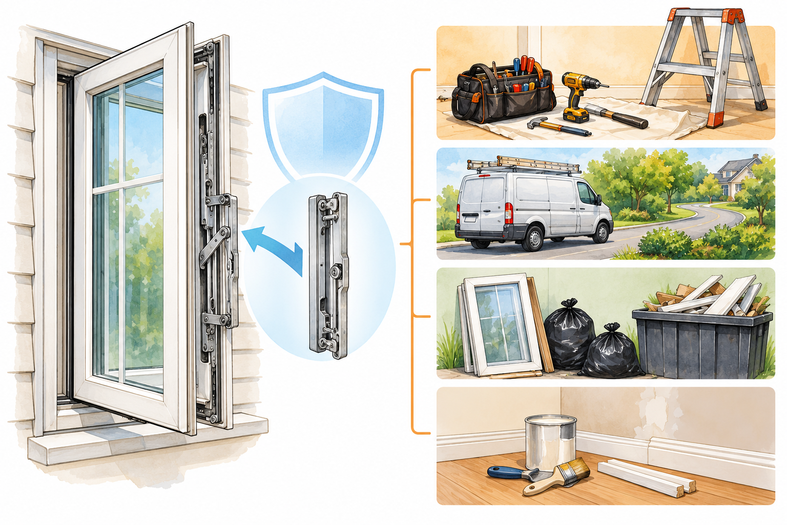 Illustration separating a warranty-covered component from possible labor, travel, access, removal, and finish charges.