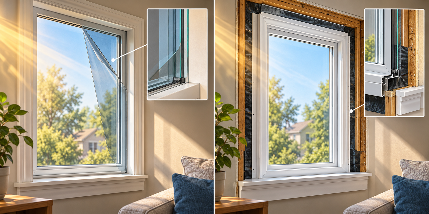 Side-by-side cutaways compare a film layer on retained glazing with a complete replacement window and opening scope.