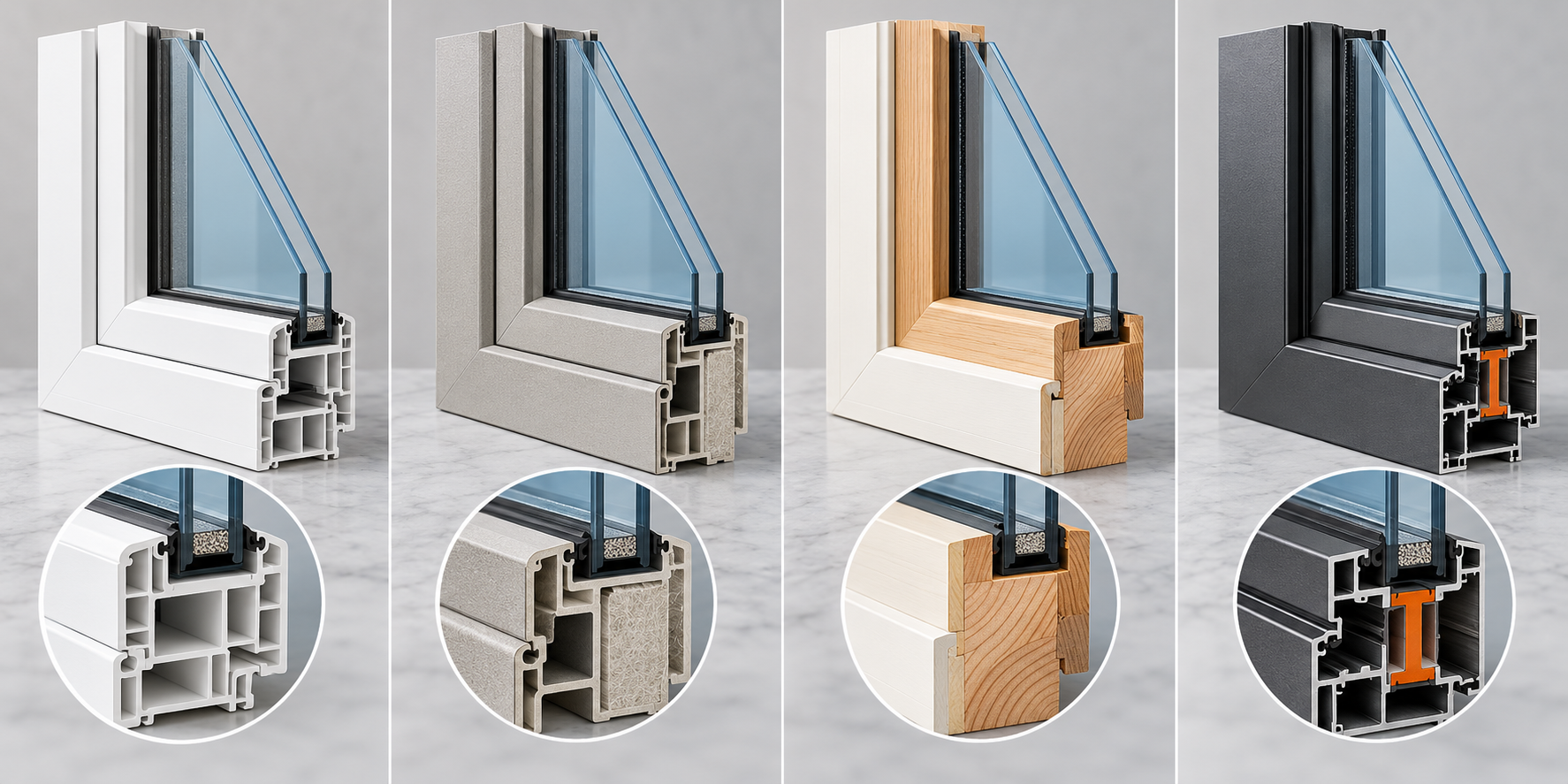 Cross-sections compare vinyl, composite, wood, and thermally broken aluminum window frames as complete glazed assemblies.