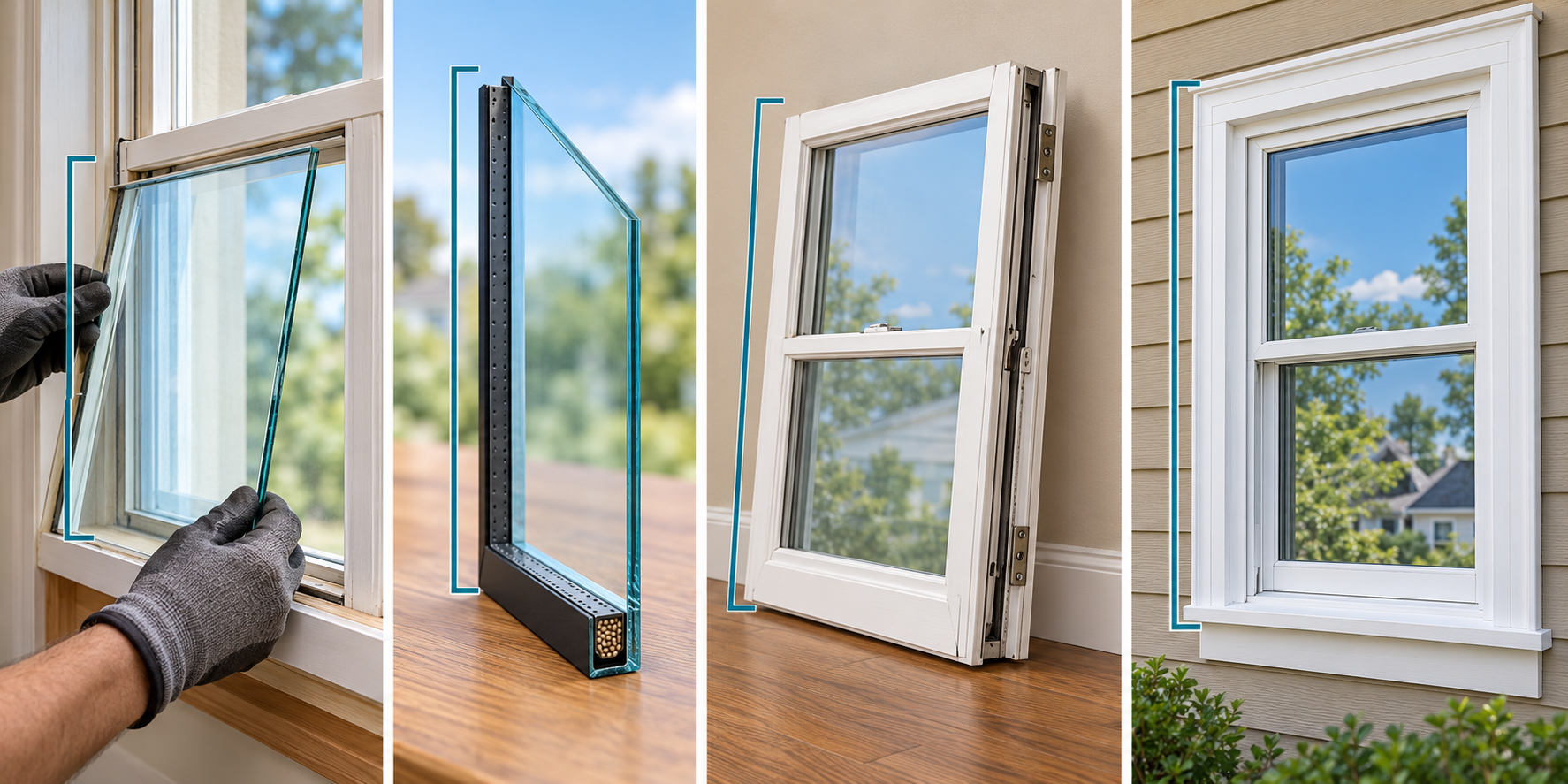 Four views compare the progressively larger scopes of replacing a pane, an insulated-glass unit, a sash, or a complete window.