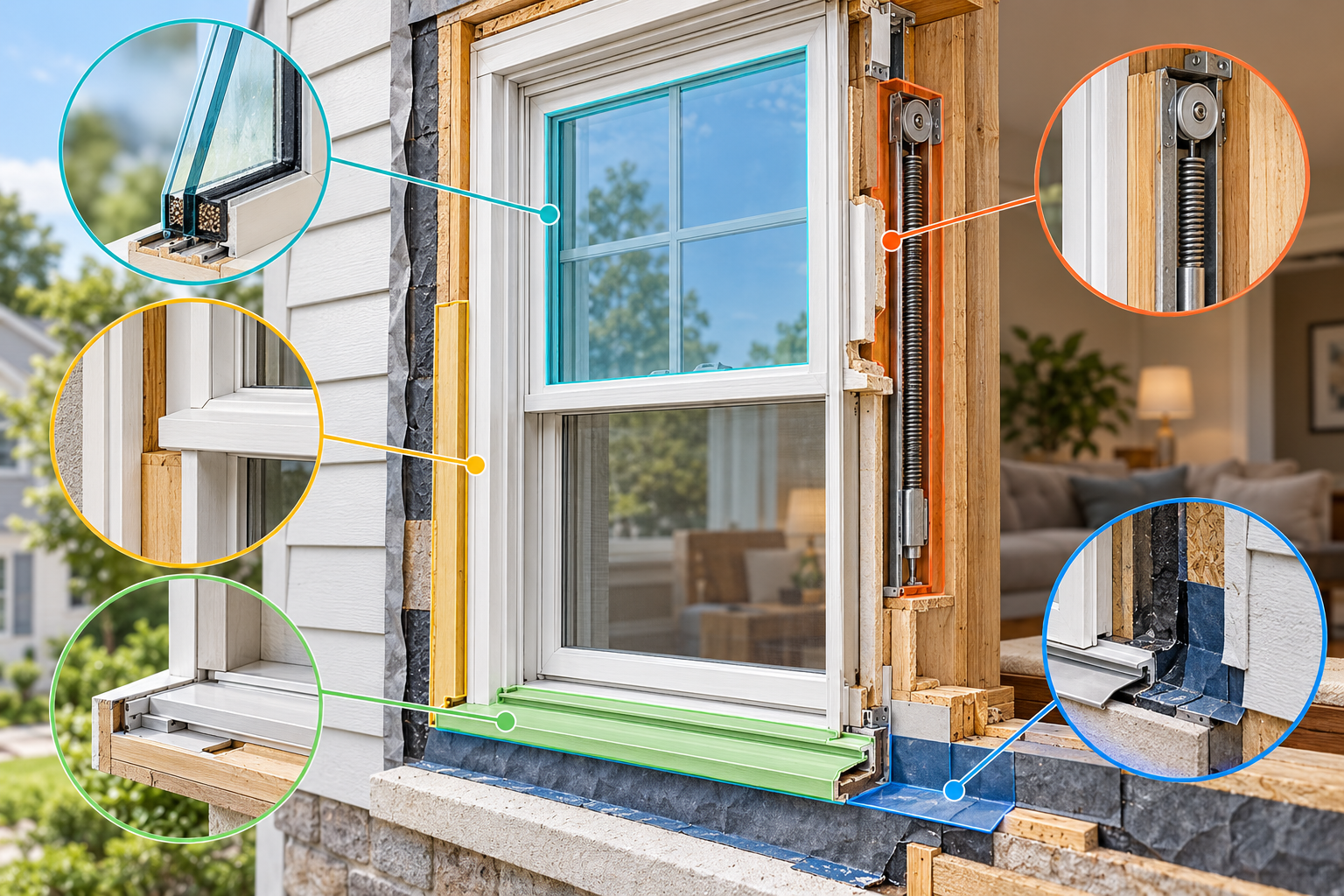 Cutaway diagram highlighting separate window repair zones: glazing, sash hardware, frame, sill, and flashing interface.