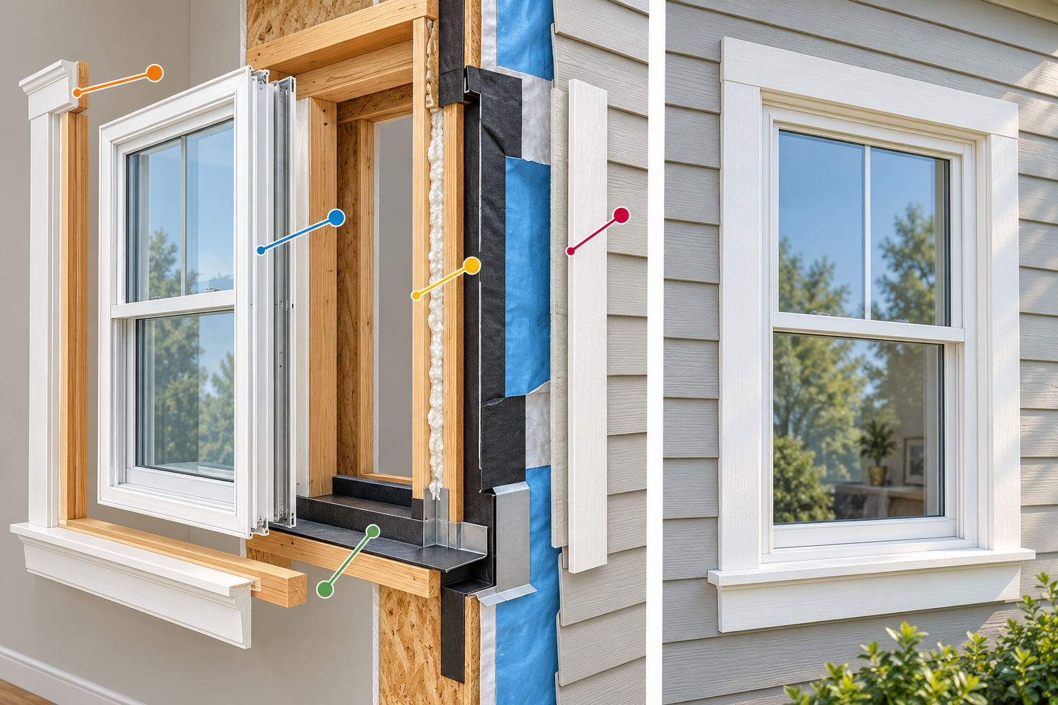 Cutaway illustration of a window replacement showing the unit, prepared opening, flashing, air sealing, and restored trim.