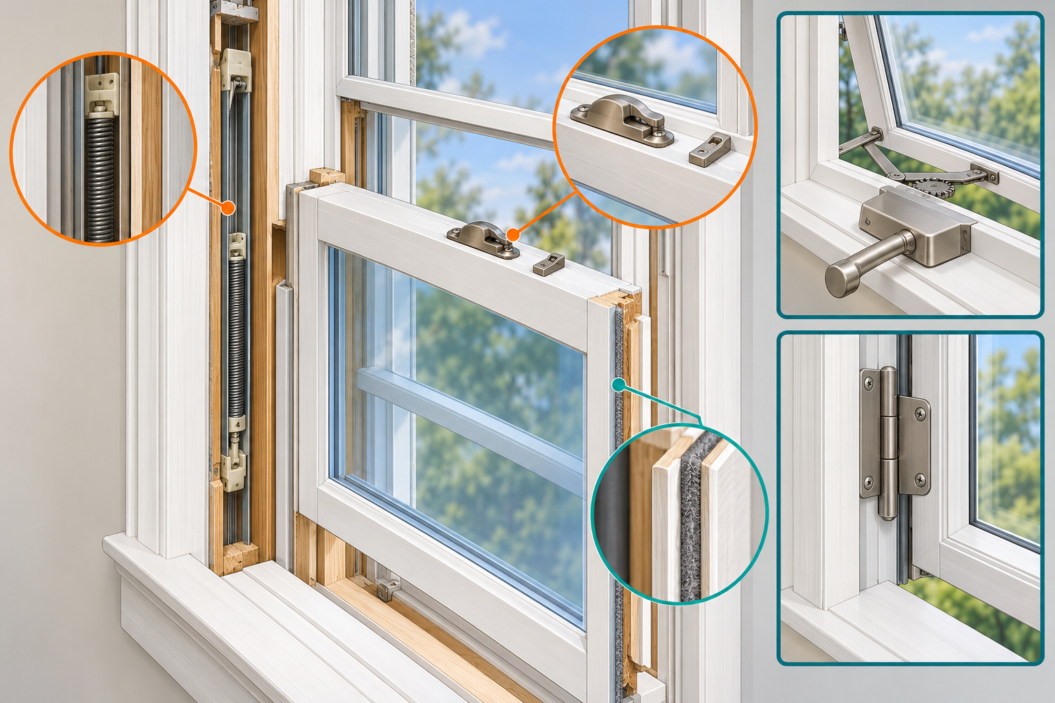 Window hardware illustration showing separate balance, lock, weatherstrip, operator, and hinge mechanisms.