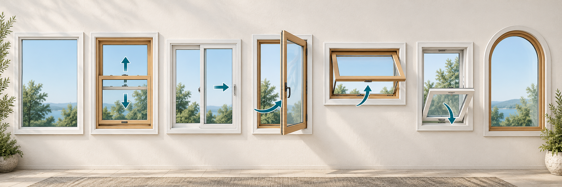 A lineup of fixed, hung, sliding, casement, awning, hopper, and specialty window configurations with their opening motions.